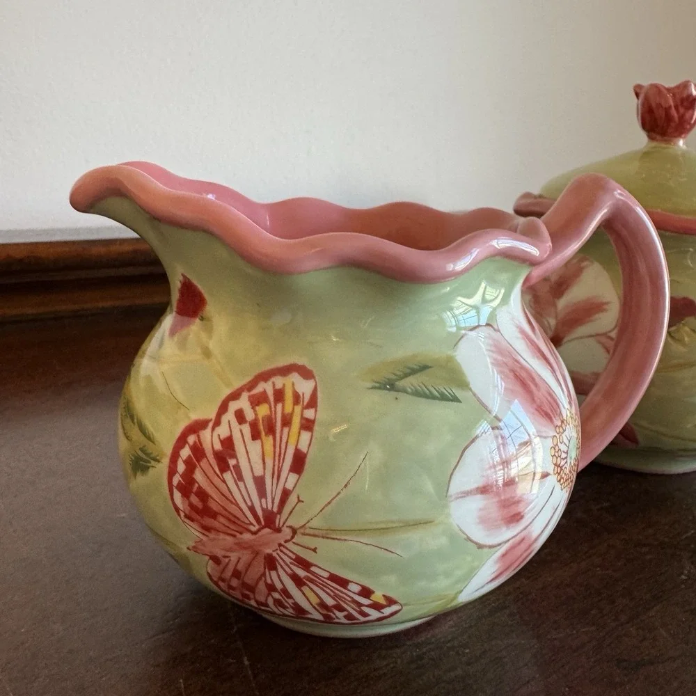 April Cornell Ceramic Sugar Creamer Green Pink Butterfly Lidded Sugar Bowl Set